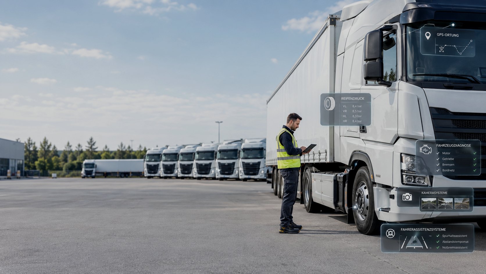 Fahrer mit Tablet vor einem modernen Katzer-LKW